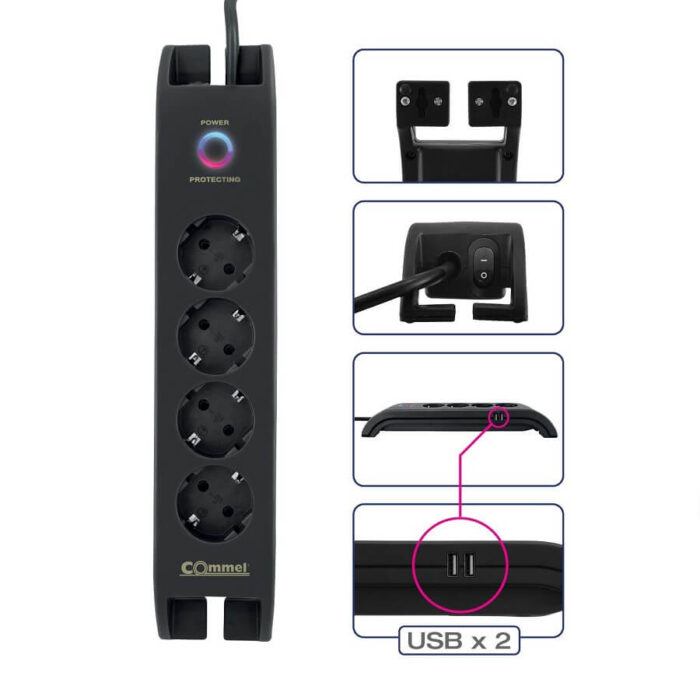 Prenaponska prenosna uticnica 4g/2m/3x1.5 2xUSB-A crna 380-109 - Slika 2